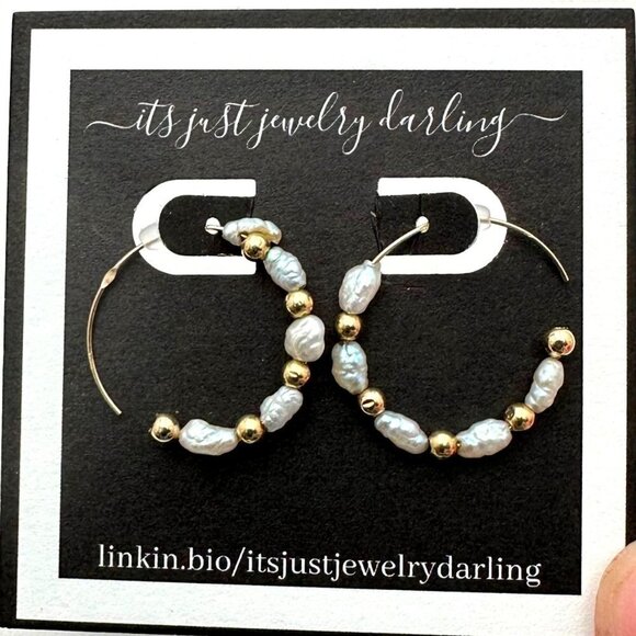 Womens Earrings 14K Yellow Gold Seed Pearl One Inch Hoop Pierced Gift Idea - Picture 4 of 5